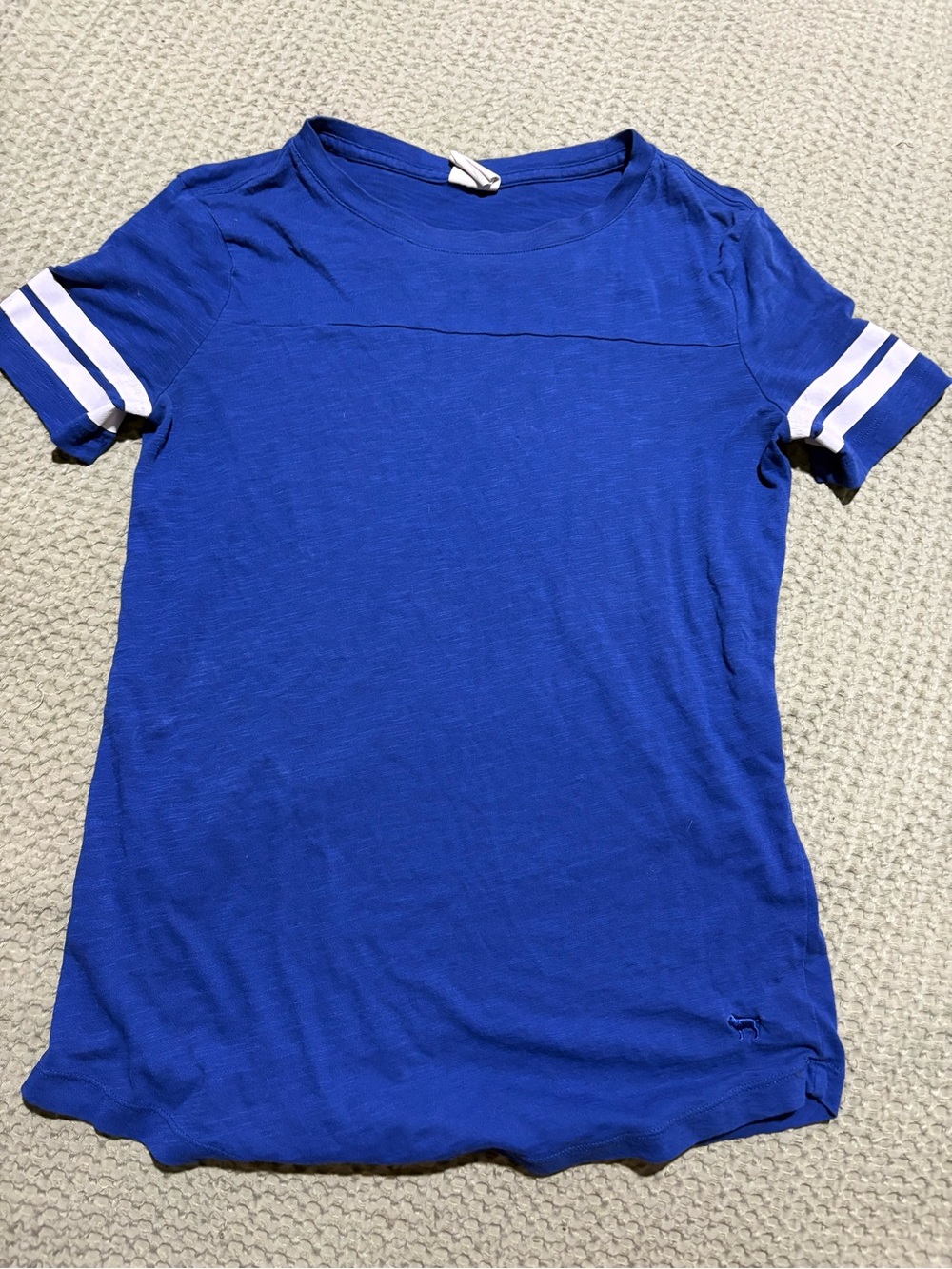 PINK Victoria's Secret Royal Blue Short Sleeve Tee with White Sleeve Stripes